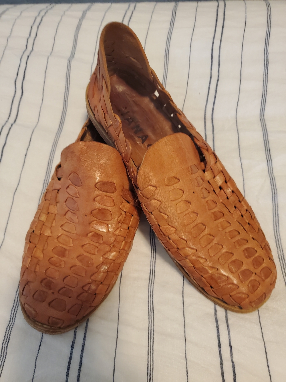 🏖Handmade Tan Woven Leather Huarache Slip-On Sandals, Size 9